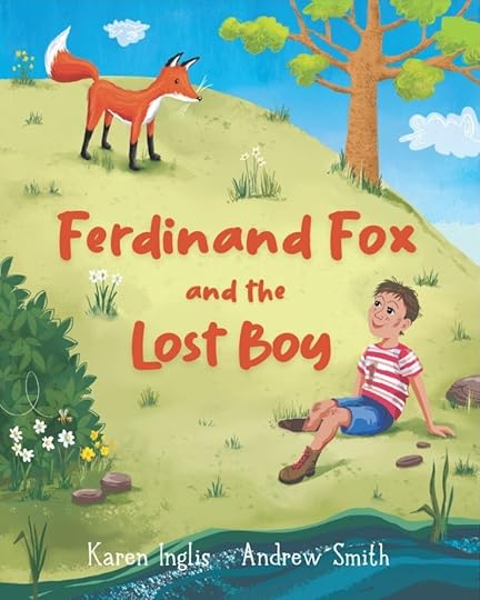 Picture book image of boy sitting at the bottom of a grassy slope with one foot stuck down a hole looking up at a friendly fox. Title says 'Ferdinand Fox and the Lost Boy.