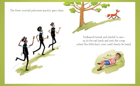 Picture book spread with three policemen chasing a fox up a hill. Little boy lying to the right in a separate scene with his foot stuck down a hole .