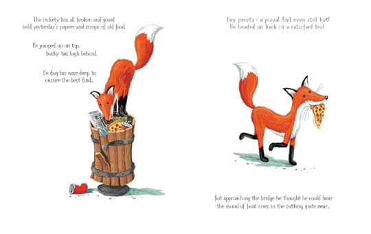 Picture book image of a fox perched on the edge of a wooden slatted waste bin looking for food. A second image of a fox trotting off with a slice of pizza from the bin.