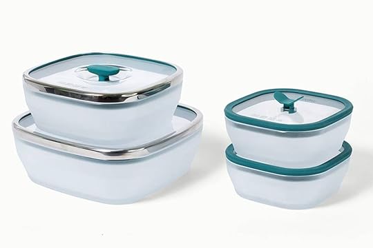 Four Anyday square microwave dishes with lids.