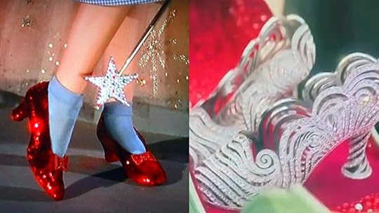 (L) Dorothy's ruby slippers in the Wizard of Oz (R) the silver shoes in Wicked.
