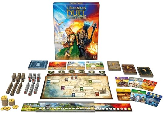 Lord of the Rings: Duel of Middle-earth board gamre on full display in front of the box, for Nerdist's 2024 tabletop holiday gift guide