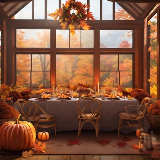 A family gathering around a Thanksgiving table filled with food.