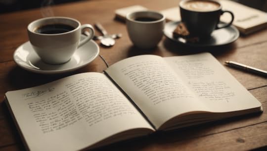 An open notebook with handwritten notes and a steaming cup of coffee beside it.
