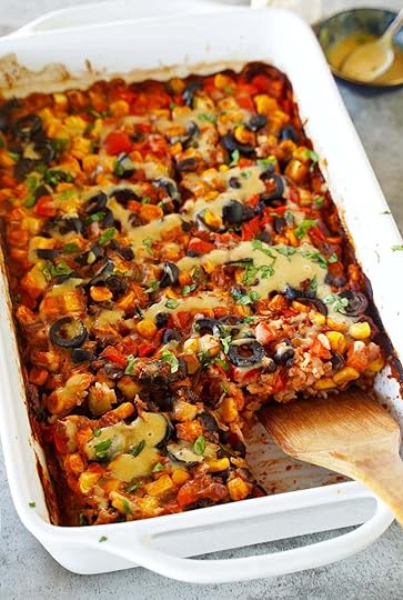 One-pan Mexican rice in white baking dish