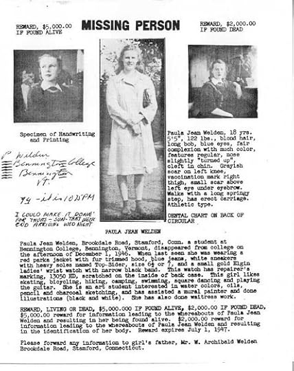 The Missing Person flyer circulated after Paula Welden's disappearance on December 1, 1946, including photos and a writing sample of hers, as well as descriptions of her and instructions on where to report information about her disappearance and/or whereabouts.
