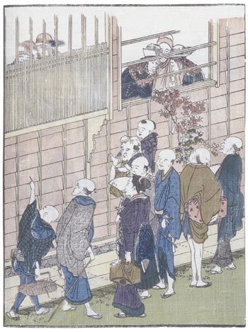 Japanese print of curious Japanes watching members of the Dutch East India Company, who are behind the wall of their factory on Dejima Island.