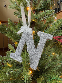 A silver, sparkly letter N hanging on a christmas tree branch.