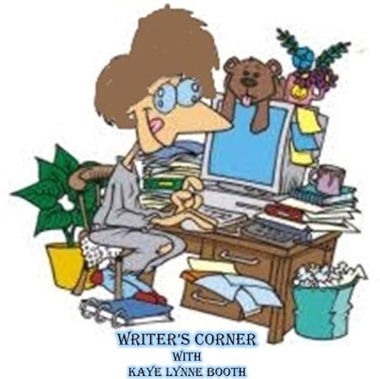 Caricature of a woman typing on a computer at a very messy desk.Text: Writer's Corner with Kaye Lynne Booth