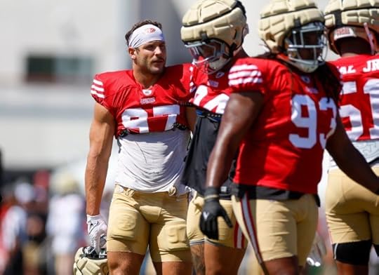 San Francisco 49ers' Nick Bosa (97) practices at the Levi's Stadium practice facility in Santa Clara, Calif., on Wednesday, Aug. 7, 2024. (Shae Hammond/Bay Area News Group)
