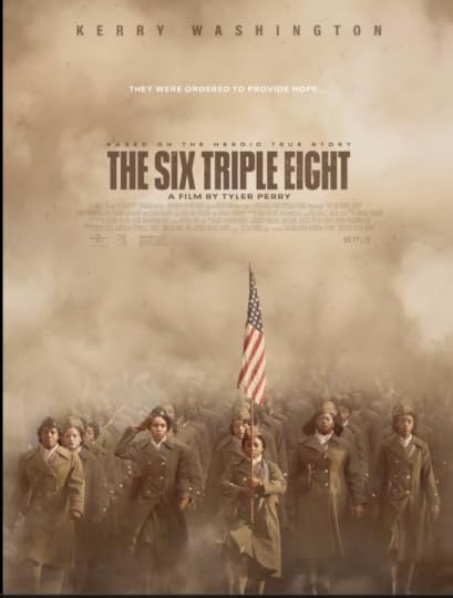 The movie poster for 'The Six Triple Eight' features a group of women soldiers marching in uniform. One soldier prominently holds an American flag, symbolizing patriotism and determination. The background is foggy, adding depth and mystery to the scene. At the top of the poster, text highlights leading actors Kerry Washington and Tyler Perry. Below them, the tagline reads: 'They were ordered to provide hope,' emphasizing the inspirational theme of the film.