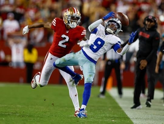 Dallas Cowboys' Dallas Cowboys' KaVontae Turpin (9) can't hold onto a deep pass against San Francisco 49ers' Deommodore Lenoir (2) late in the fourth quarter at Levi's Stadium in Santa Clara, Calif., on Sunday, Oct. 27, 2024. (Nhat V. Meyer/Bay Area News Group)