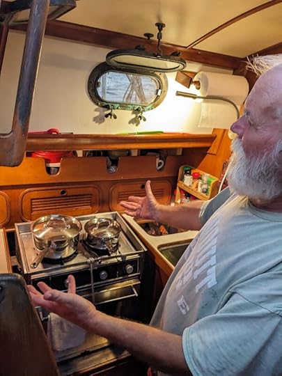 James makes a pasta dinner while the sailing is easy