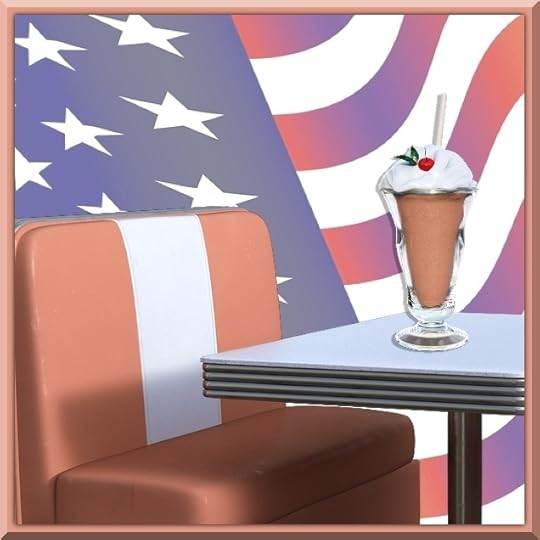 A chocolate malt on a table at a booth in front of a waving American flag