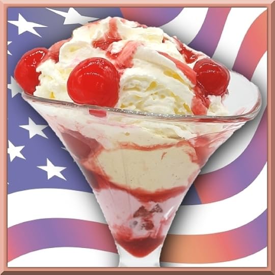 Cherries jubilee and ice cream in a glass in front of a waving American flag