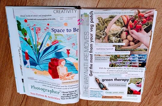 Vision board inside a book with images of green space, creativity and inspiration