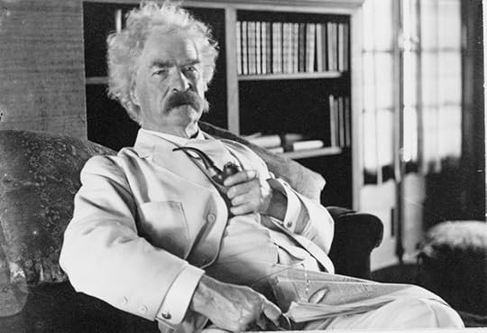 Samuel Langhorne Clemens, three-quarter length portrait, seated, facing slightly right, holding pipe