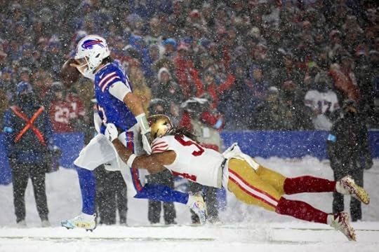 Josh Allen #17 of the Buffalo Bills breaks a tackle by Fred Warner #54 of the San Francisco 49ers before running in for a touchdown in the fourth quarter of a game at Highmark Stadium on Dec. 01, 2024 in Orchard Park, New York. (Photo by Timothy T Ludwig/Getty Images)