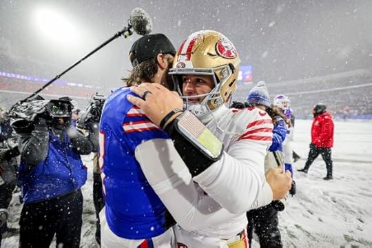 Josh Allen #17 of the Buffalo Bills talks with Brock Purdy #13 of the San Francisco 49ers after the Bills defeated the 49ers, 35-10, at Highmark Stadium on Dec. 01, 2024 in Orchard Park, New York. (Photo by Bryan M. Bennett/Getty Images)