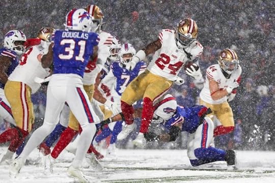 Jordan Mason #24 of the San Francisco 49ers is tackled by Taylor Rapp #9 of the Buffalo Bills in the third quarter of a game at Highmark Stadium on Dec. 01, 2024 in Orchard Park, New York. (Photo by Bryan M. Bennett/Getty Images)