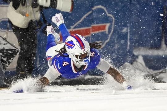 James Cook #4 of the Buffalo Bills celebrates after scoring a touchdown in the second quarter of a game against the San Francisco 49ers at Highmark Stadium on Dec. 01, 2024 in Orchard Park, New York. (Photo by Timothy T Ludwig/Getty Images)