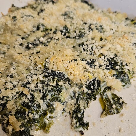 close up of the kale gratin after baking