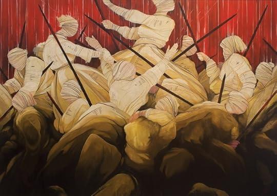 Wave Upon Wave (2014), by John Westmark, the 2012 winner. Acrylic, quilting pins, paper sewing patterns on canvas. Museum purchase.