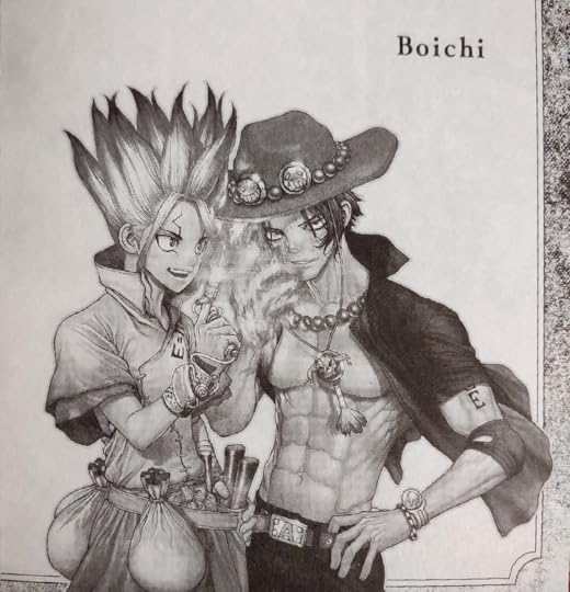 Boichi drawing of Senku and Ace, Ace's hand on fire, and Senku wearing a kind of wrist-blowtorch (also on fire)