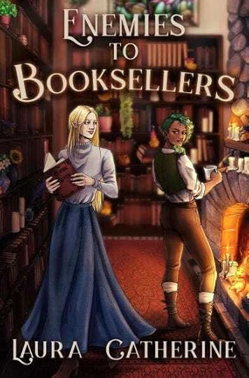 Book cover with title Enemies to Booksellers. The cover is an illustrated scene of 2 characters stocking books around a fireplace.