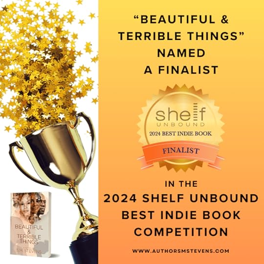 trophy, confetti, book cover and the Shelf Unbound award seal
