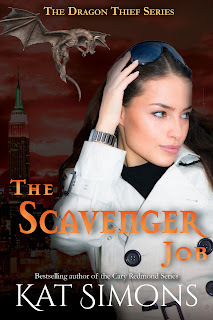 Cover art for The Scavenger Job, with heroine in foreground wearing a white coat, red New York City in the background, and a Dragon flying above the skyline