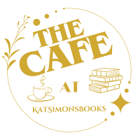 THE CAFE logo, in gold, with a circular design around the text, a cup of steaming coffee and a pile of books, illustrated and in gold inside and around the words