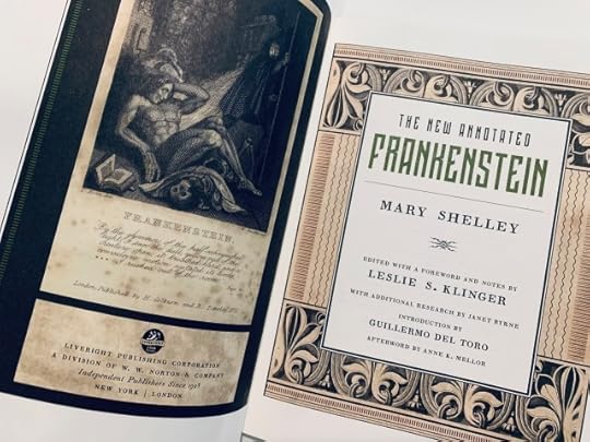 Pictured are open pages of The New Annotated Frankenstein by Mary Shelley and edited by Leslie S. Klinger. The pages show sepia-toned decorative artwork around the edges and a vintage illustration of Victor Frankenstein fleeing his awakened Creature.