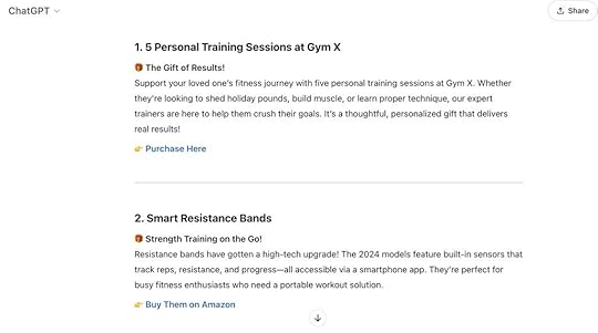 A screen shot showing gift ideas created by ChatGPT.