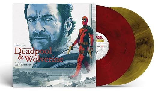 Hugh Jackman's head and Ryan Reynolds in full costume walking in Mutant's Deadpool & Wolverine vinyl album cover with a red and a yellow disc sticking out
