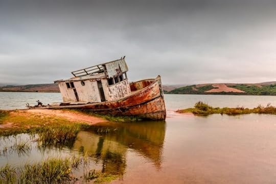 A picture of a dilapidated ship that has run aground.