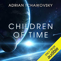 Cover of the audiobook "Children of Time" by Adrian Tchaikovsky, showing a planet and spacecraft in space
