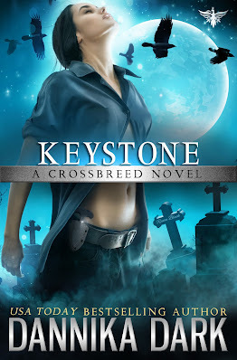 Woman with a dagger on her hip gazing skyward with ravens flocking around her and graveyard in the background