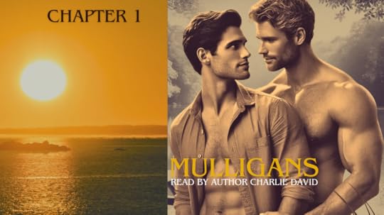 A sunset on left half of frame. On right, a college age man looks romantically into the eyes of a man in his forties. Title: Mulligans audiobook ready by author Charlie David