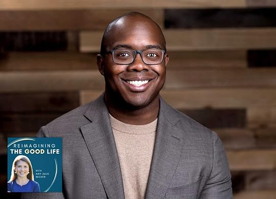 A professional headshot of a smile Esau McCaulley, who is wearing glasses, a beige sweater, and a gray blazer, posed in front of a wooden panel background. In the lower-left corner, there is a small graphic for the podcast