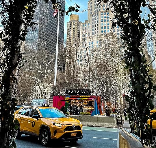 Stand in front of the Eataly market hall with various bars and restaurants in New York City, USA.