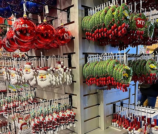 Christmas decorations in all shapes and colors in Little Italy in New York City, USA.