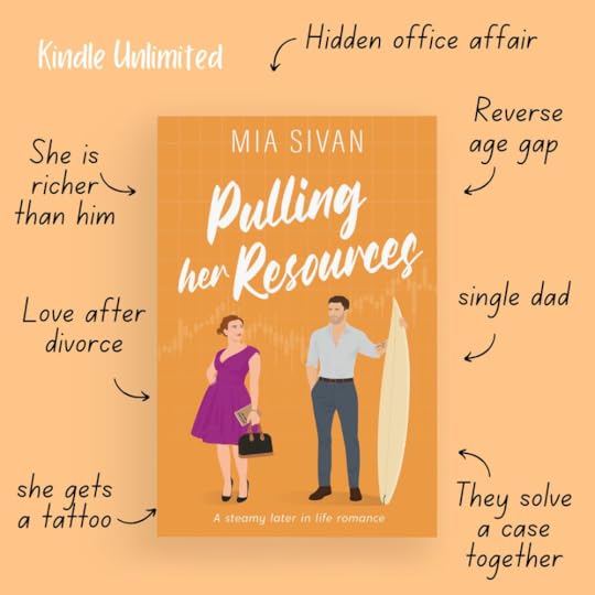 Pulling Her Resources by Mia Sivan. The book cover is orange with a grid-like background pattern. The title is written in large, white cursive font. Below the title, there is an illustration of a woman in a purple dress holding a handbag and a man in a casual blue shirt and dark pants holding a surfboard. tropes listed: she gets a tatoo love after divorce single dad reverse age gap