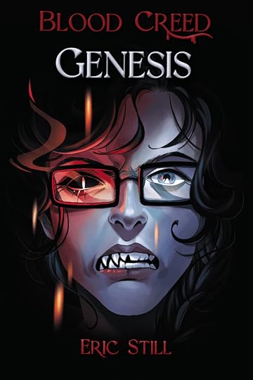 illustration of a woman's face, she is white with dark hair, one blue eye and one black demon eye with a red slit pupil. The demon half of her face has fangs and the other half of her mouth has human teeth.