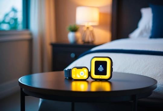 A medical alert device with fall detection technology resting on a bedside table, with a soft glow illuminating the surrounding area