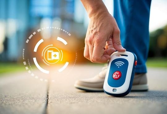 A medical alert device with fall detection technology being activated, sending a signal for help