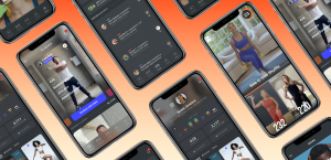 Several different views of a fitness app featuring personalized workouts