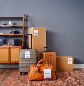 Suitcases and travel bags with shipping labels