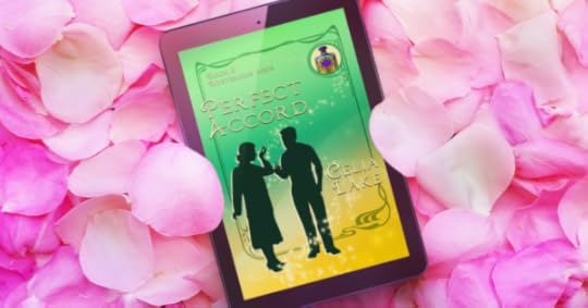 Cover of Perfect Accord: a man and woman in 1920s dress silhouetted on the cover: she is testing perfume he just handed her on her wrist.