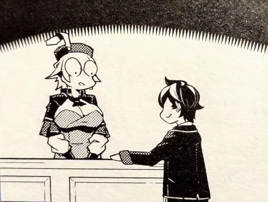 big-chested clerk giving Matty a shocked look with cartoonishly huge eyes